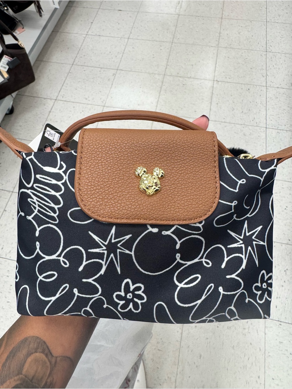 Disney Black White Floral Crossbody with Brown Flap